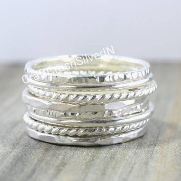 Sterling Silver Stacking Ring Set, Stacking Rings, Hammered and Twist Bands, Women Ring, Set Of 8 Rings, Silver Ring, Handmade Jewelry
