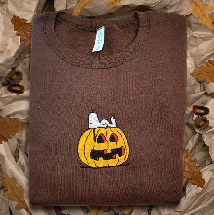 Discover Snoopy Sleep On Pumpkin Embroidered Sweatshirt, Halloween Embroidered Sweatshirt