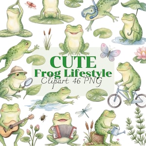 Puede incluir: Una colección de ilustraciones en acuarela que muestran ranas verdes en diversas actividades, como yoga, ciclismo, tocando la guitarra y el acordeón, y usando una lupa. El texto dice CUTE Frog Lifestyle Clipart 46 PNG.