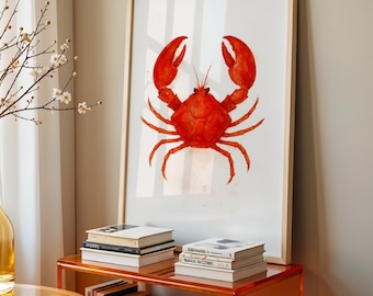 Impresión de acuarela de cangrejo rojo / Póster de mariscos náuticos / Arte mural costero sin marco
