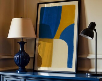 Modern Abstract Art Print | Blue & Mustard Geometric Minimalist Wall Art | Contemporary Style Poster