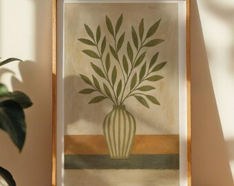 Olive Green Vase Print | Minimalist Botanical Wall Art | Unframed Plant Illustration | Scandinavian Style Artwork