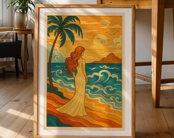 Retro Coastal Print | 70s Psychedelic Beach Poster | Art Nouveau Woman Sunset Décor