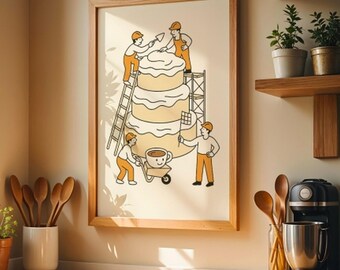 Construction Cake Line Art Poster - Whimsical Kitchen Café Print