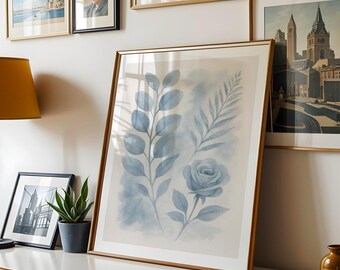 Icy Blue Floral Print | Modern Botanical Wall Art