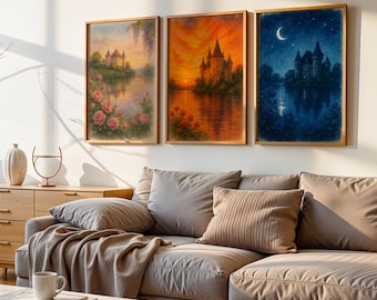 Trio of French Castle Wall Art Set | Pastel Chateau Unframed Poster Prints