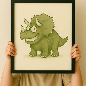 Funny Triceratops Dinosaur Nursery Print – Vintage Style Kids Playroom Wall Art | Cartoon Dino Poster for Baby Boy or Girl Room Decor