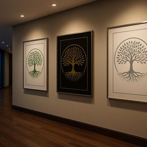 Tree of Life Wall Art Set: Gold, Green & Gray Botanical Prints
