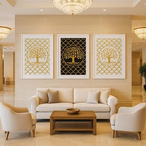 Gold Tree of Life Wall Art Set: Modern Minimalist Geometry Prints