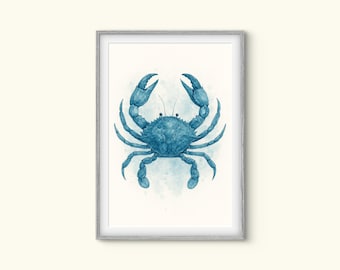 Watercolor Blue Crab Print: Coastal Nautical Wall Art