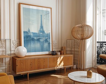 Eiffel Tower Print | Blue Paris Cityscape | Modern French Interior Unframed Art