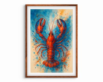 Impresión de acuarela de langosta: Arte mural costero vibrante para casa de playa / Impresión de póster de langosta sin marco