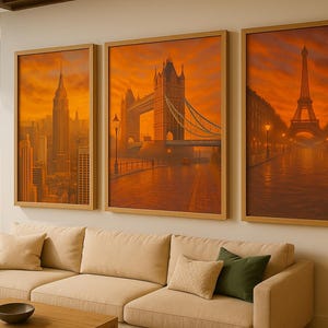 Golden Hour Cityscape Print Set: Paris, London & NYC Framed Wall Art