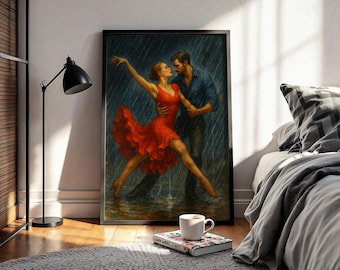 Passionate Tango in Rain Print | Dramatic Red Dress Dance | Romantic Wall Art | Unframed Poster