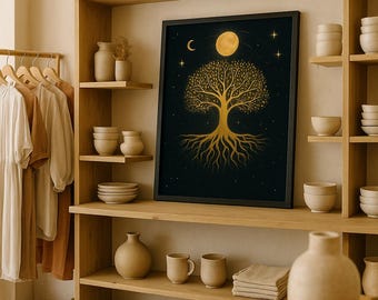 Puede incluir: Una impresión enmarcada con un diseño de árbol dorado, una luna llena y estrellas sobre un fondo oscuro. La obra de arte se exhibe en una estantería de madera, junto con cerámica, platos y otros objetos decorativos. La estética general es cálida y acogedora.