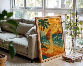 Retro Psychedelic Coastal Poster | 70s Beach Sunset Illustration | Boho Ocean Wall Art