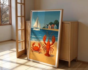 Coastal Crab & Lobster Print: Nautical Beach Scene with Sailboat