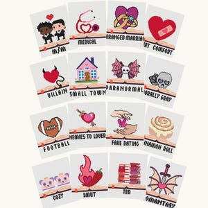 May include: A selection of cross-stitch cards, each with a unique design and text. Designs include a heart with a bandage, a stethoscope, a football, and a cinnamon roll. The cards are displayed against a white backdrop.