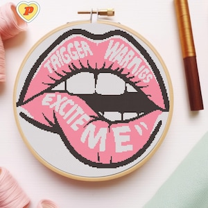 May include: A cross-stitch hoop featuring a pink, open mouth design with the words "TRIGGER WARNINGS EXCITE ME" in white. The artwork is set against a white background, with a wooden hoop and a gold-colored screw.