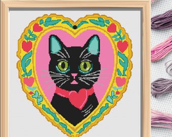 Cat Heart Cross Stitch Pattern: Colorful Feline Design (PDF Pattern)