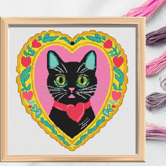 Cat Heart Cross Stitch Pattern: Colorful Feline Design (PDF Pattern)