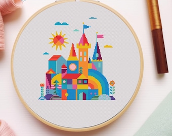 Colorful Geometric Castle Cross Stitch Pattern – Modern Fairytale Design – PDF Download