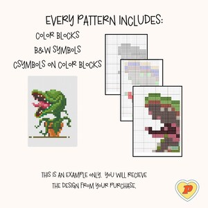 May include: A pixel art pattern of a carnivorous plant with a large mouth, green leaves, and a brown pot. The image shows three different versions of the pattern: color blocks, black and white symbols, and symbols on color blocks. The text "EVERY PATTERN INCLUDES:" is at the top of the image.