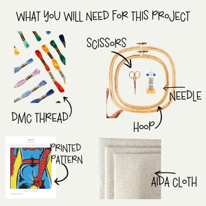 May include: A set of embroidery supplies including a printed pattern, DMC thread, Aida cloth, a hoop, a needle, and scissors.