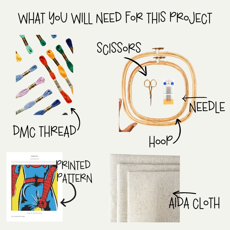 May include: A set of embroidery supplies including a printed pattern, DMC thread, Aida cloth, a hoop, a needle, and scissors.