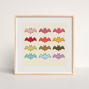 Colorful Bats Cross Stitch Pattern for Halloween, Instant PDF Download