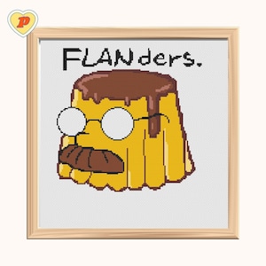 Op de afbeelding: Een kruissteekpatroon met een cartoonafbeelding van Ned Flanders uit The Simpsons, met de tekst "FLANDERS". De afbeelding is in een bruin frame.