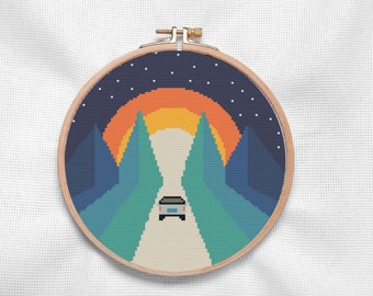 Modèle de point de croix Forest Road Trip, broderie de paysage (Modèle PDF)