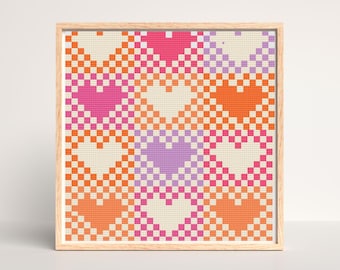 Puede incluir: Un patrón de punto de cruz enmarcado con un fondo a cuadros y corazones en tonos de rosa, naranja y morado.