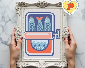 Colorful Tinned Fish Cross Stitch Pattern – Quirky Kitchen Decor (PDF Download)