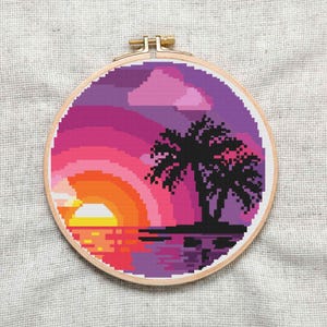 Tropical Sunset Cross Stitch Pattern: Modern Beach Design (PDF Download)