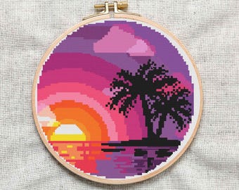 Tropischer Sonnenuntergang Kreuzstichmuster: Modernes Strand Design (PDF Download)