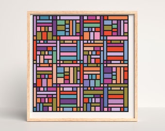 May include: A framed geometric pattern with a colorful abstract design. The pattern is made up of various colored rectangles and squares, including pink, orange, blue, green, and purple.