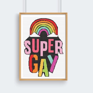 May include: A framed cross-stitch design featuring a rainbow with clouds and the text "SUPER GAY" in colorful letters.