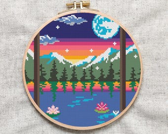 Sunset Lake Cross Stitch Pattern: Mountain Landscape Embroidery (PDF)