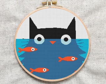 Cat playing with the fishes cross stitch pattern, animal lovers, instant pdf download