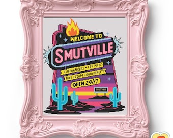 Smutville Roadside Sign Cross Stitch Pattern with PDF Downloadable Charts Included