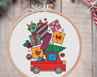 Padrão de ponto cruz de carro de Natal com presentes (PDF)