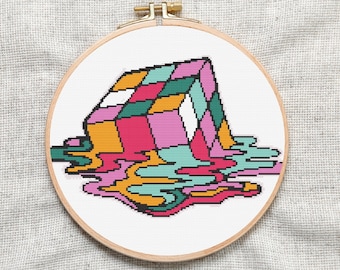 Rubik's Cube Kreuzstichmuster: Geometrisches Design schmelzen (Digitaler Download)