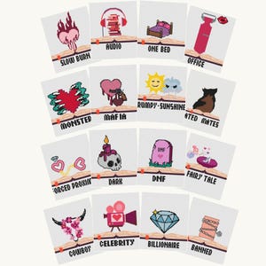 May include: A set of illustrated cards with diverse themes. Each card displays a unique design, such as a heart with a gun, a skull with a candle, and a diamond. Text on the cards includes "SLOW BURN", "AUDIO", and "ONE BED".