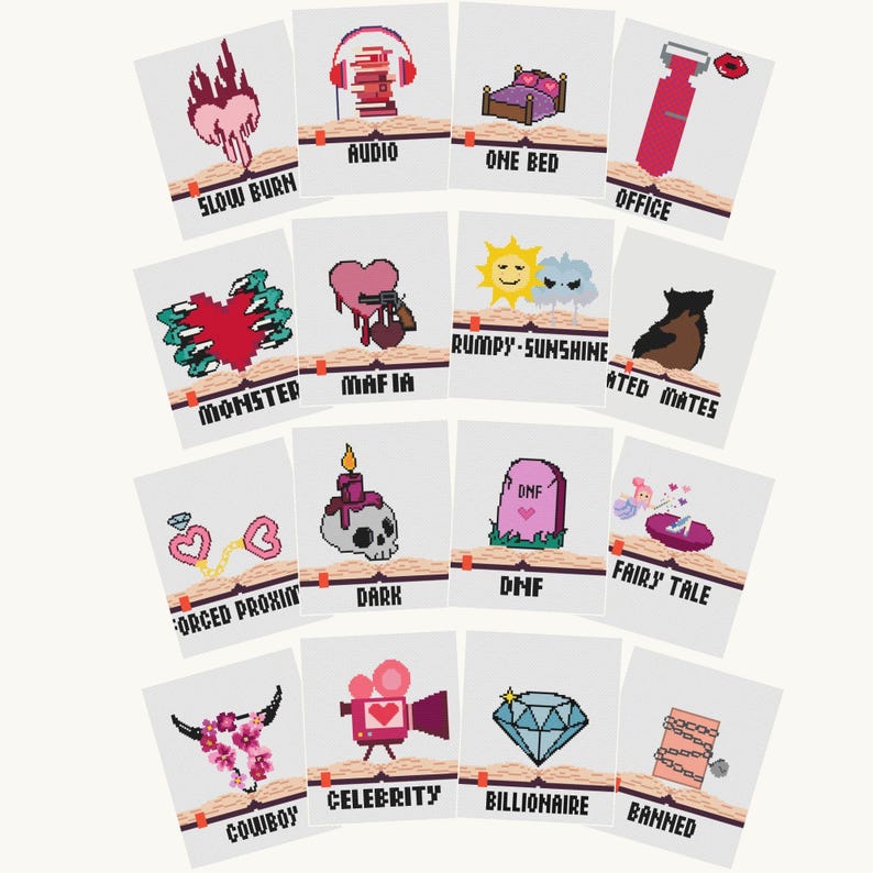 May include: A set of illustrated cards with diverse themes. Each card displays a unique design, such as a heart with a gun, a skull with a candle, and a diamond. Text on the cards includes "SLOW BURN", "AUDIO", and "ONE BED".