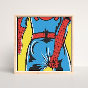 May include: A pixelated image of a superhero in a blue and red suit with a yellow background. The superhero's hand is reaching behind their back, pulling their suit down.