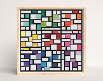 May include: A framed cross-stitch art piece featuring a geometric design of colorful rectangles and squares. The artwork uses a black grid to separate the shapes, with a variety of colors including yellow, green, red, and purple. The frame is made of light-colored wood.