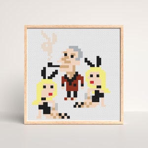 May include: A cross-stitch pattern featuring a cartoon man with a pipe and two women wearing bunny ears and black dresses. The background is light gray.