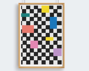 Zwart-wit geometrisch kruissteekpatroon, felle kleurenpatroon, instant pdf-download