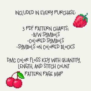 May include: A digital illustration of a strawberry and two cherries, with text that reads "INCLUDED IN EVERY PURCHASE: 3 PDF PATTERN CHARTS; -B/W SYMBOLS -COLORED SYMBOLS -SYMBOLS ON COLORED BLOCKS DMC COLOR FLOSS KEY WITH QUANTITY, LENGTH, AND STITCH COUNT PATTERN PAGE MAP".